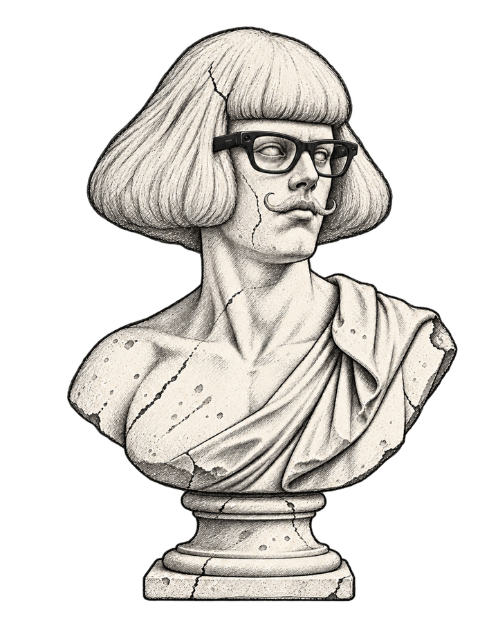 AI-assisted illustration of a marble bust with Jean Phil's bob and curled mustache, wearing black smart glasses