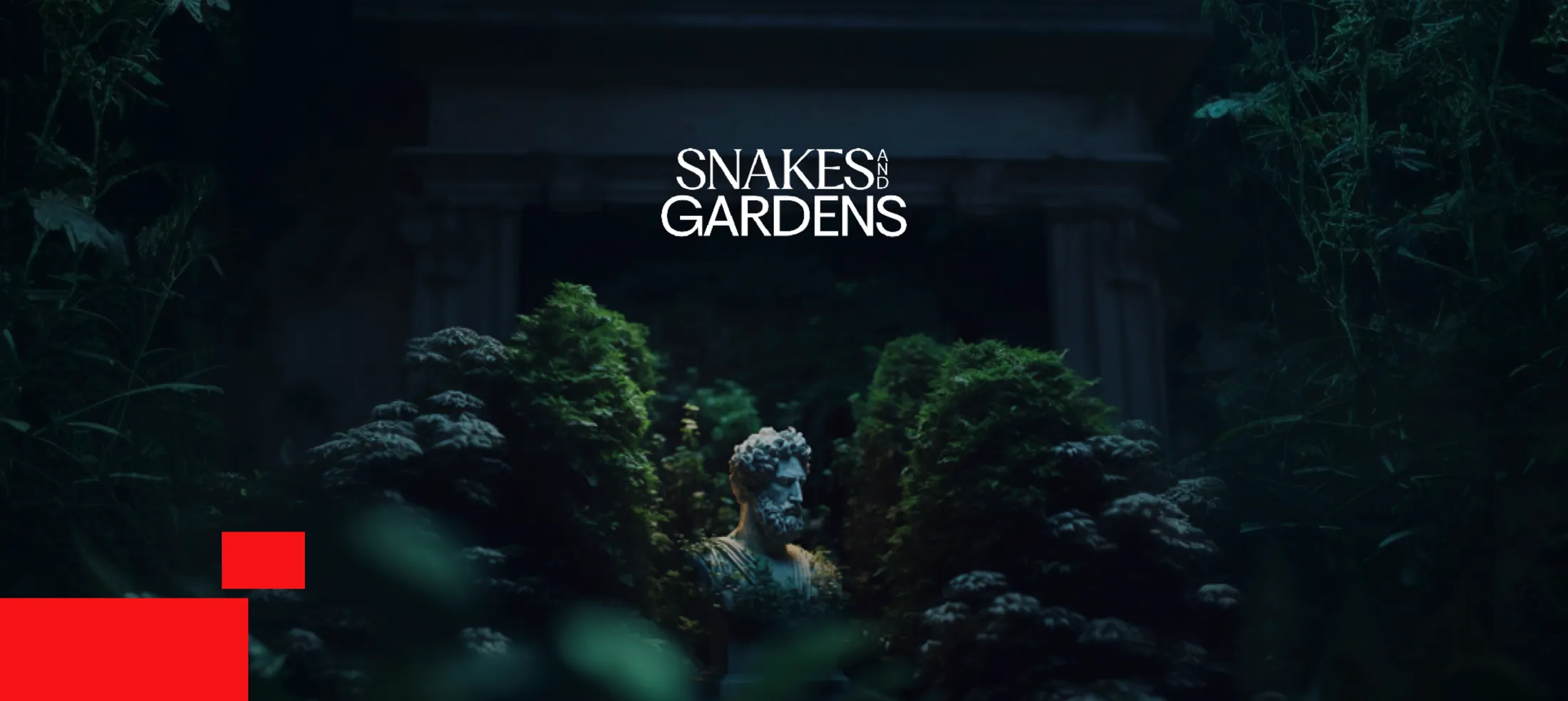 A classical bust in a dark overgrown garden beneath the Snakes and Gardens wordmark