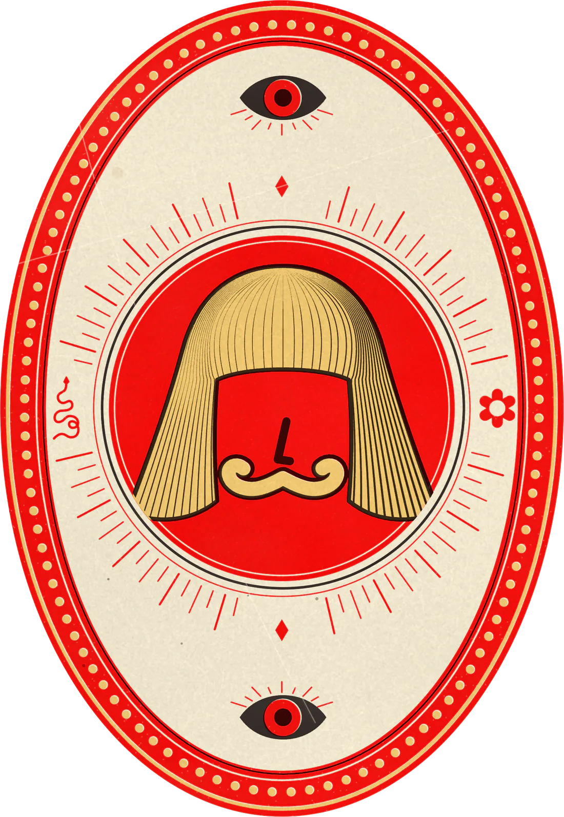 Jean Phil drawn as a playing card: his blond bob and curled mustache, engraved in an oval medallion on a red lattice of snakes, flowers and eyes.